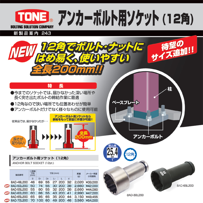 新品本物】 TONE インパクト用超ロングソケット 12角 46mm 8AD-46L200 8109638